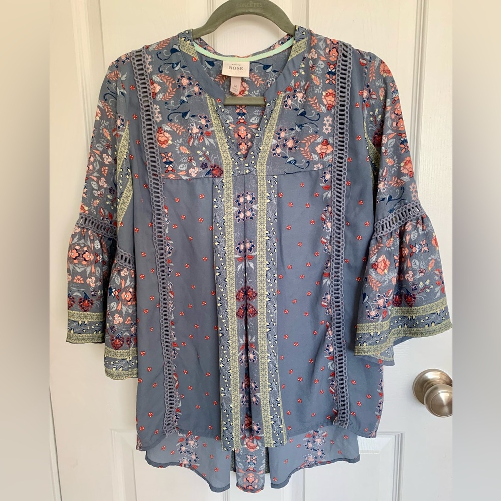 Knox Rose Blue Floral Lace-Trim Peasant Blouse
